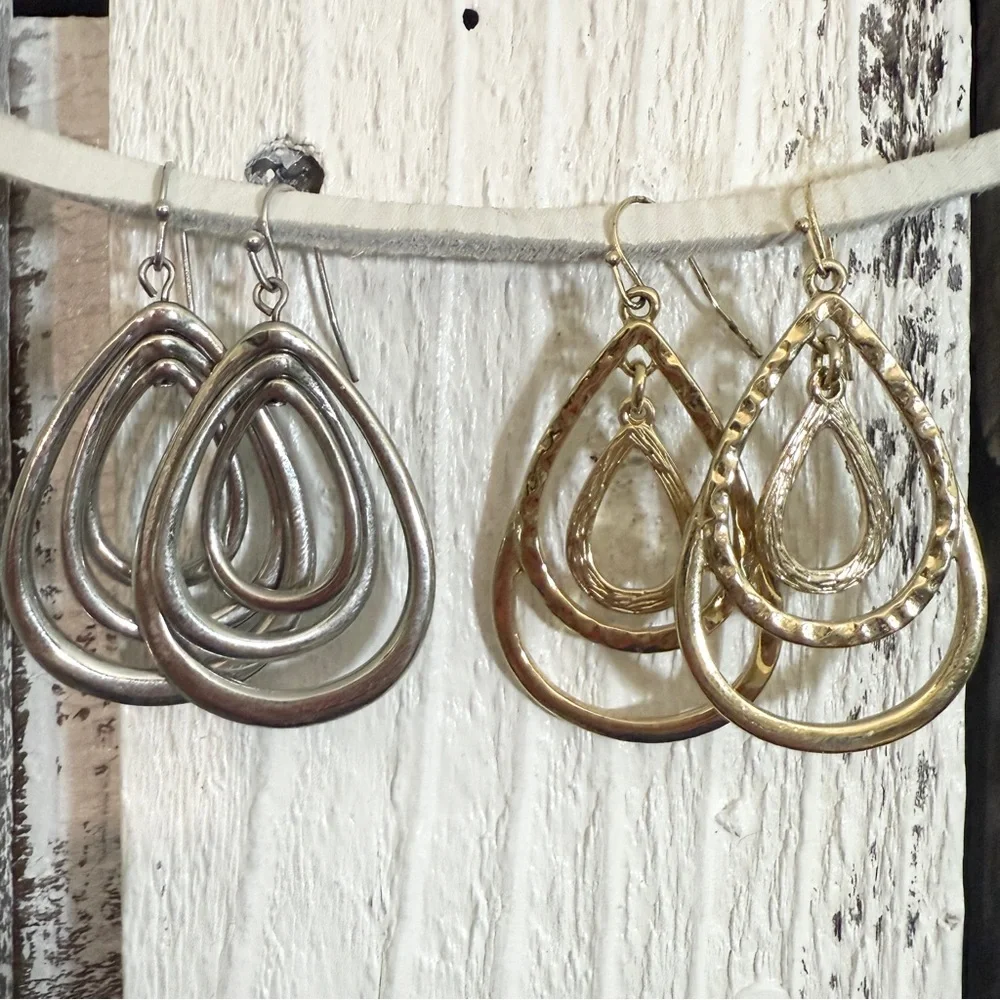 2 Pairs Triple Teardrop Dangle Earrings Gold & Silver Tone 2” Fishhook Versatile